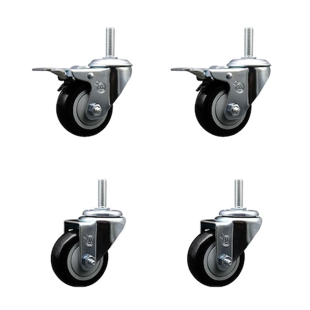 Service Caster 3 Inch Black Polyurethane Swivel 34 Inch Threaded Stem Caster Set 2 Total Lock Brakes SCC-TSTTL20S314-PPUB-BLK-34212-2-S-2